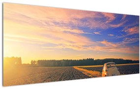 Tablou - Mașină galbenă ăn câmp (120x50 cm)