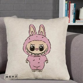 Perna Personalizata Labubu Mov Pastel, 40x40 cm, Bej Canapea, Husa Detasabila, Perna Inclusa, BEKZ®