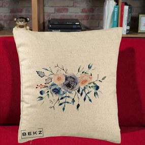 Perna Decorativa Buchet Flori Albastre Acuarela, 40x40 cm, Bej, Husa Detasabila, Perna Inclusa, BEKZ®