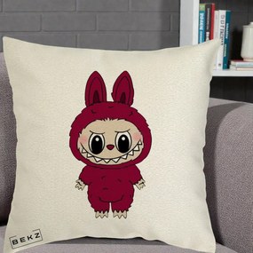 Perna Personalizata Labubu Rosu-Visiniu Solo, 40x40 cm, Ecru, Husa Detasabila, Perna Inclusa, BEKZ®