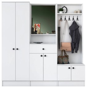 Pantofar Cuier Hol Genus cu 6 usi si oglinda, Alb, 180 x 183 x 37 cm