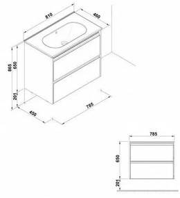 Set dulap baie suspendat 2 sertare Gala Klea cu lavoar inclus, 80 cm, alb lucios 800x450 mm