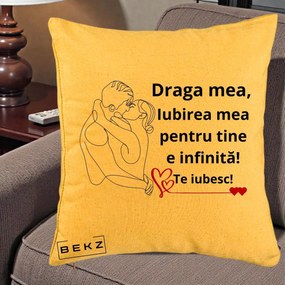 Cadou pentru Iubita - Perna Personalizata Draga Mea Iubirea Mea pentru Tine e Infinita Te Iubesc, 40x40 cm, Galben, Husa Detasabila, Perna Inclusa, BEKZ®