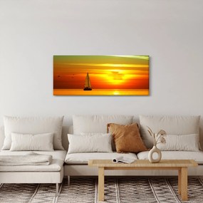 Tablou cu apus de soare și iaht (120x50 cm)