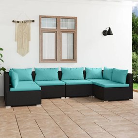 Set mobilier de gradina cu perne, 6 piese, negru, poliratan Negru si albastru, 2x colt + 4x mijloc, 1