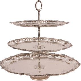 Etajeră pentru prăjituri cu 3 niveluri, din alamă lucrată manual, argintie, aspect vintage, cu platouri ovale cu margini decupate și mâner decorativ,