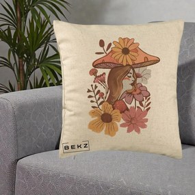 Perna Decorativa Fata Ciuperca Florala Boho, 40x40 cm, Bej, Husa Detasabila, Perna Inclusa, BEKZ®