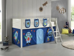 Pat ridicat pentru copii SCOTT, alb, 90 x 200 cm, din pin scandinav și MDF, cu scară frontală, perdea de joacă ASTRO și 3 saci de depozitare – Vipack
