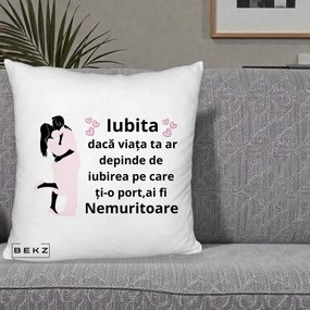 Cadou pentru Iubita - Perna Personalizata Iubita Nemuritoare cu Siluete de Cuplu, 40x40 cm, Alb Pufos, Husa Detasabila, Perna Inclusa, BEKZ®