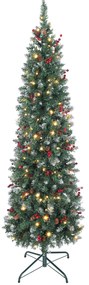 HOMCOM Pom de Crăciun Subțire 180 cm Artificial, Lumini Incorporate în 8 Moduri, 200 Ramuri Dens Ignifuge Înzăpezite, 42 Conuri și 42 Grămezi de Bacche, Pom de Crăciun Îngust și Înalt cu Bază Metalică | Aosom Romania