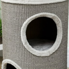 PawHut Cilindru de zgâriat, înălțime 60 cm Ø 35 cm, model cu două nivele și 2 bârloguri, margine din pluș, pentru 1-2 pisici până la 5 kg, gri deschis | Aosom Romania