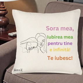 Cadou pentru Sora - Perna Personalizata Sora Mea Te Iubesc Line Art Fete Colorate Brate Ridicate, 40x40 cm, Crem Reliefat, Husa Detasabila, Perna Inclusa, BEKZ®