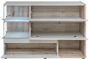 Comoda moderna, push open, 120x77x40 cm, gri deschis perlat cu stejar cu noduri, cu led , cu 3 usi, vitrina sticla securizata, si spatiu gol, Bortis