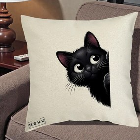 Perna Decorativa Pisica Neagra Dragalasa Curioasa, 40x40 cm, Ecru, Husa Detasabila, Perna Inclusa, BEKZ®