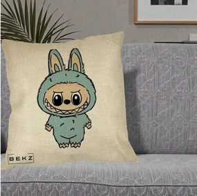 Perna Personalizata Labubu Albastru-Gri Solo, 40x40 cm, Crem, Husa Detasabila, Perna Inclusa, BEKZ®