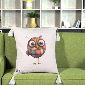 Perna Decorativa Pasare Patchwork Roz cu Floare, 40x40 cm, Bej cu Franjuri, Husa Detasabila, Perna Inclusa, BEKZ®