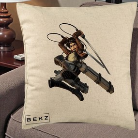 Perna Personalizata Attack on Titan Eren Yeager Lupta, 40x40 cm, Bej, Husa Detasabila, Perna Inclusa, BEKZ®
