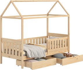 Pat supraetajat tip căsuță Nemos II 80x160 cu sertare - culoare pin