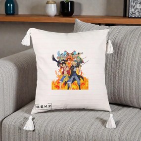 Perna Personalizata One Piece Echipa Straw Hat in Flacari, 40x40 cm, Bej cu Franjuri, Husa Detasabila, Perna Inclusa, BEKZ®
