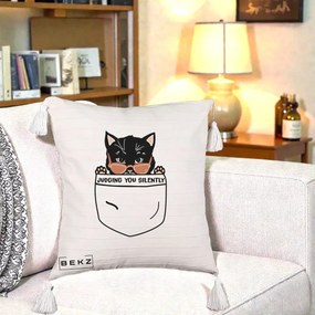 Perna Decorativa Judging You Silently Pisica Buzunar, 40x40 cm, Bej cu Franjuri, Husa Detasabila, Perna Inclusa, BEKZ®
