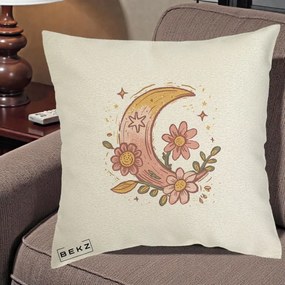 Perna Decorativa Luna Florala Boho, 40x40 cm, Ecru, Husa Detasabila, Perna Inclusa, BEKZ®