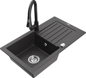Mexen Pablo chiuvetă de granit cu o cuvă, cu scurgător și baterie de bucătărie Elia, neagră cu stropi - 6510-76-670101-70