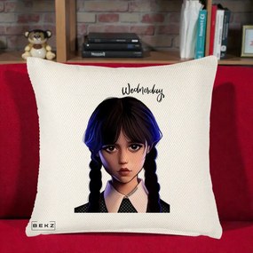 Perna Personalizata Wednesday Addams Portret Realist, 40x40 cm, Crem Reliefat, Husa Detasabila, Perna Inclusa, BEKZ®