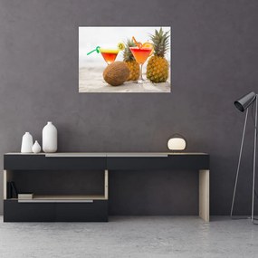 Tablou pe sticlă cu ananas și pahare pe plajă (70x50 cm)