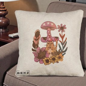 Perna Decorativa Ciuperca Pisica Boho, 40x40 cm, Bej Canapea, Husa Detasabila, Perna Inclusa, BEKZ®
