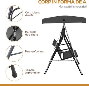 Outsunny Leagăn de Grădină pentru 3 Persoane cu Acoperiș, Șezut Respirabil și Cadru din Oțel, Negru | Aosom Romania