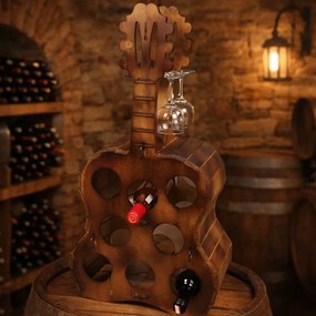 Suport de lemn pentru vin, capacitate - 8 sticle si 4 pahare, forma vioara, 78A 40A 22 cm