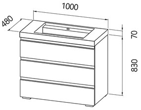 Set dulap de baie cu lavoar inclus 100 cm, 3 sertatre soft-close, steja inchis, Kolpasan, Harmony