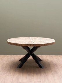 Masă dining rotundă din lemn reciclat, maro, 6–8 locuri, cu bază centrală din metal, 77 x 150 cm, „Asturias”