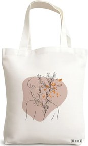 Sacosa de Panza pentru Cumparaturi, Geanta Tote, model Flower Girl, 38x34.5 cm, Alba, BEKZ®