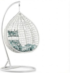 Scaun suspendat alb KOKON cu suport, perna verde-alba