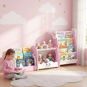 AIYAPLAY Bibliotecă Copii 3-în-1, 4 Compartimente, 3 Rafturi, Noptieră pentru Cameră, Roz. | Aosom Romania