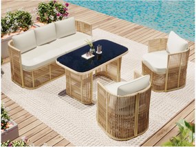 Set mobilier de grădină din PE‑rattan, 5 piese, canapea 3 locuri, 2 fotolii și masă cu blat din sticlă, Bej+Negru+Alb