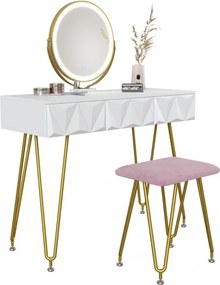 Masuta machiaj cu Oglinda LED si 3 Sertare pentru Cosmetice, Set Masa toaleta 100 cm, Alb, masuta cosmetica, vanity - SEA366