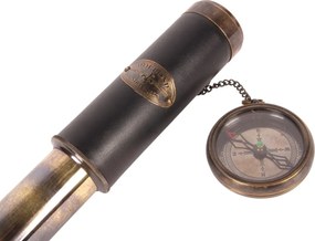 Ochean telescopic decorativ din alamă și piele, negru și auriu, extensibil, cu busolă pe lanț, aspect vintage, finisaj antichizat, 5,5 x 40 x 5,5 cm,