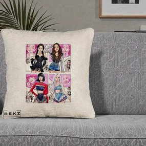 Perna Personalizata K-pop BLACKPINK Fanart Manga Benzi Desenate 4 Membre, 40x40 cm, Bej Canapea, Husa Detasabila, Perna Inclusa, BEKZ®
