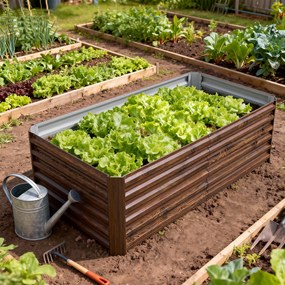 Outsunny Pat pentru Grădină Ridicat cu Fund Deschis și Bare de Suport, Ghiveci din Oțel Zincat pentru Flori și Legume, pentru Balcon sau Grădină, 180x90x57,5 cm, Maro Închis | Aosom Romania