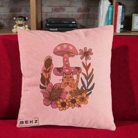 Perna Decorativa Ciuperca Pisica Boho, 40x40 cm, Roz, Husa Detasabila, Perna Inclusa, BEKZ®