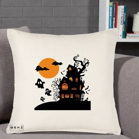 Perna Decorativa Halloween Casa Bantuita cu Fantome, 40x40 cm, Crem Reliefat, Husa Detasabila, Perna Inclusa, BEKZ®