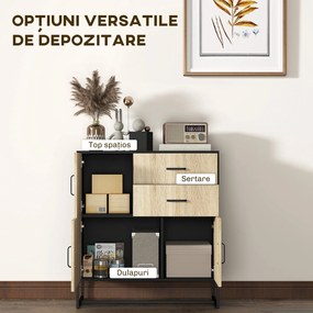 HOMCOM Bufet Modern de  Depozitare cu 3 Dulapuri și 2 Sertare din Pal Melaminat și Oțel, 80x35x88 cm, Lemn Natural | Aosom Romania