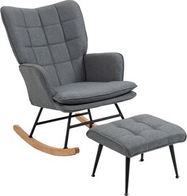 HOMCOM Scaun Balansoar cu Taburet în Stofă Tip In și Lemn de Cauciuc, Fotoliu Balansoar cu Pernă, Spătar Înalt, Cotiere, Capacitate 130 kg, pentru Dormitor Living, Gri | Aosom Romania