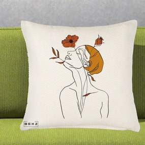 Perna Decorativa Portret Feminin Mac Privire Inalta, 40x40 cm, Crem Reliefat, Husa Detasabila, Perna Inclusa, BEKZ®