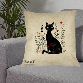 Perna Decorativa Pisica Neagra Botanica Rosu-Gri, 40x40 cm, Crem, Husa Detasabila, Perna Inclusa, BEKZ®