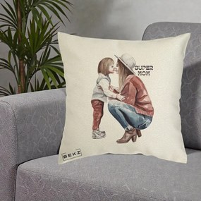 Cadou pentru Mama - Perna Personalizata Super Mom Acuarela, 40x40 cm, Ecru, Husa Detasabila, Perna Inclusa, BEKZ®