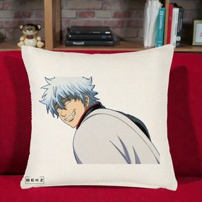 Perna Personalizata Gintama Gintoki Portret cu Zambet, 40x40 cm, Crem Reliefat, Husa Detasabila, Perna Inclusa, BEKZ®