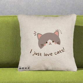 Perna Personalizata I Just Love Cats Pisica Kawaii, 40x40 cm, Bej Canapea, Husa Detasabila, Perna Inclusa, BEKZ®